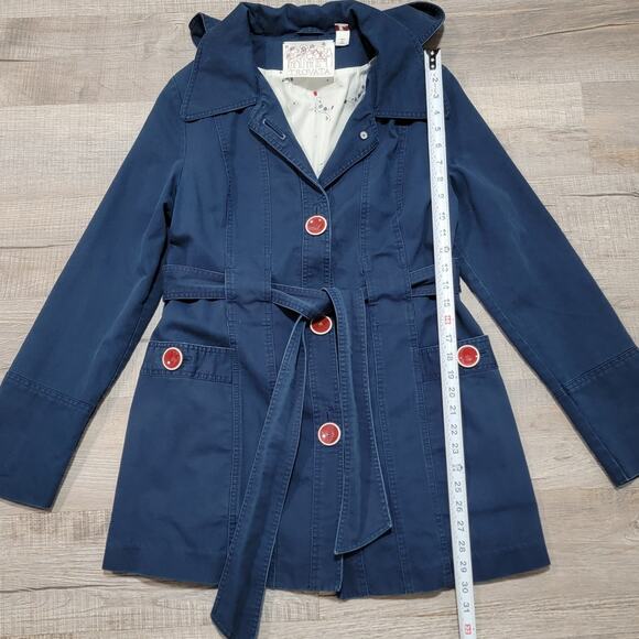 Trovata Birds of Paradis Long Cotton Senhora Coat Size Large Navy Hooded Pockets - Picture 8 of 10